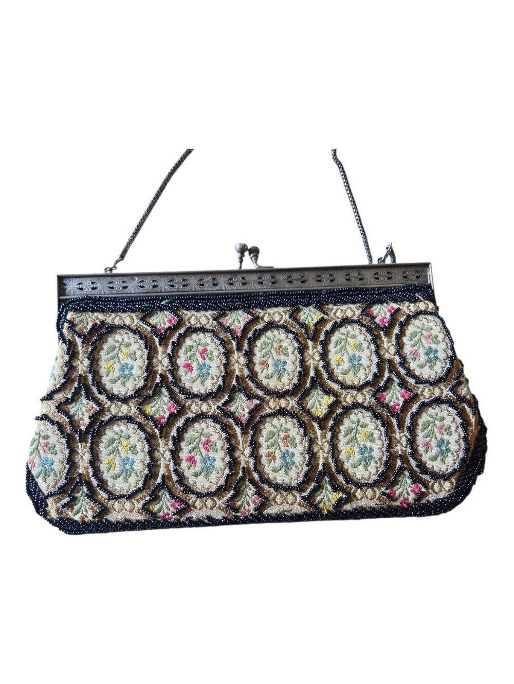 Vintage Beaded Tapestry Evening Bag Floral Kiss Lock Silver Chain Purse - Picture 7 of 10